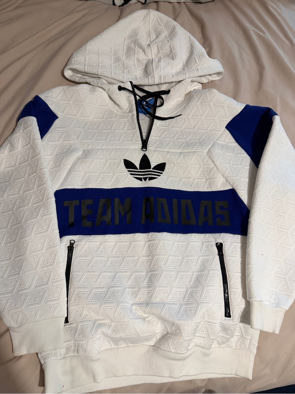 adidas White Hoodie with Blue Team Stripe